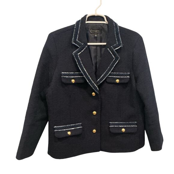 Talbots Contrast Trim Tweed Jacket Size 16P 16 Lady Blazer Navy Blue Preppy Ivy - Picture 4 of 12